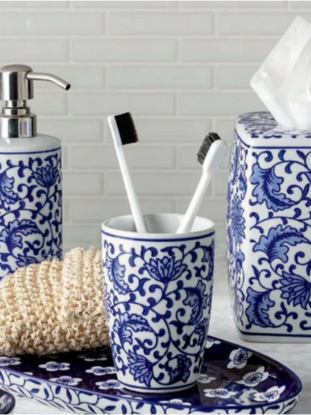 Williams Sonoma Blue and White Ceramic Bathroom Accessory Set